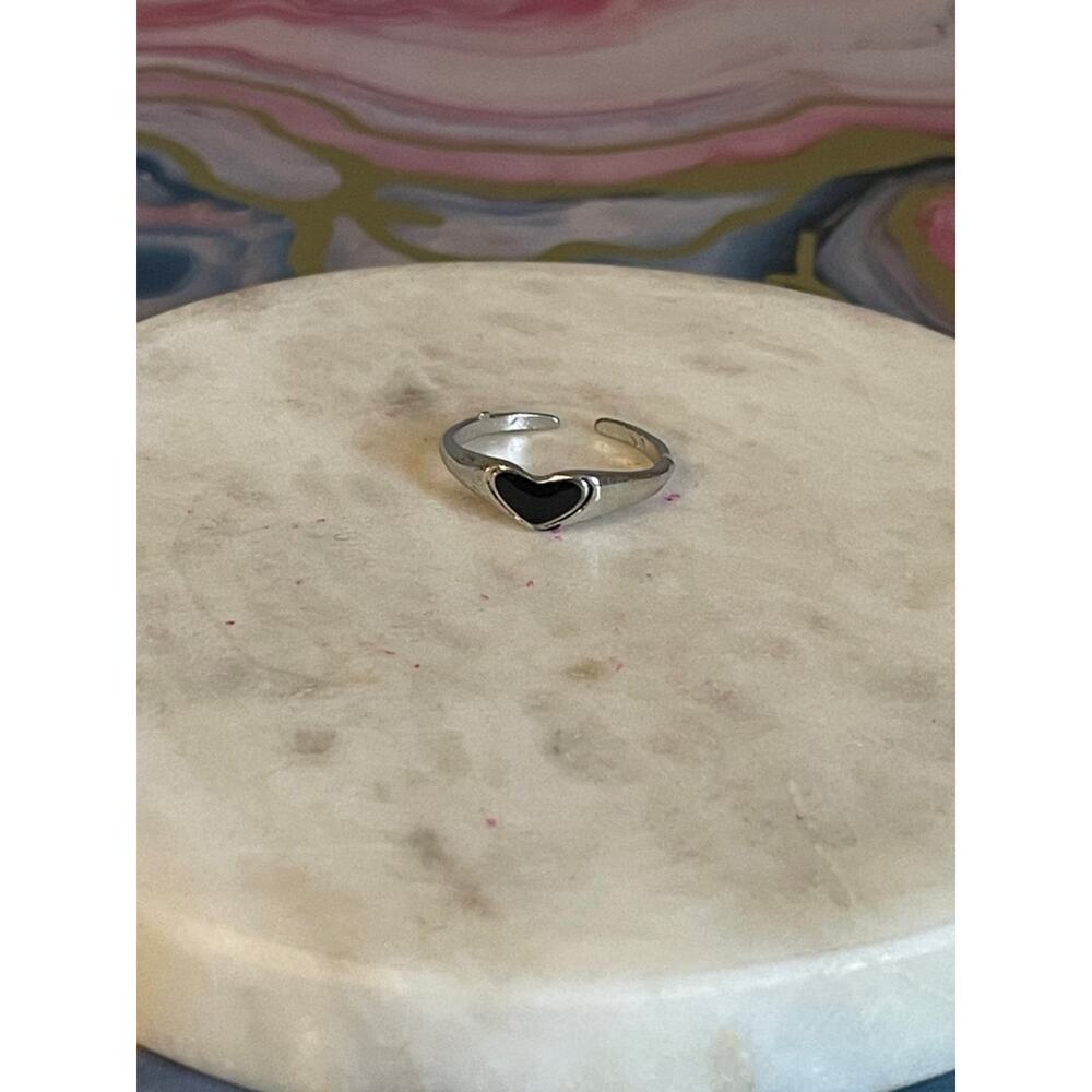 Silver Heart Ring with Black Enamel Accent - Women's Fashion Ring adjustable